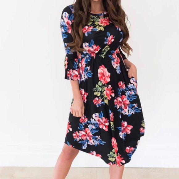 Neesee's Dresses Black and Pink Floral Midi Dress - Picture 1 of 5